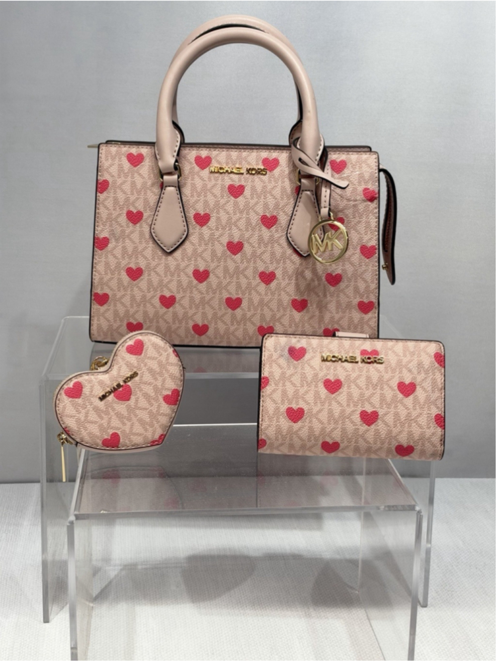Michael Kors Sheila Small Satchel 3 Piece Set Pink Hearts Logo Powder Blush Pink